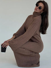 Cable Knit Long Fitted High Neck Loose Casual Sweater Dress