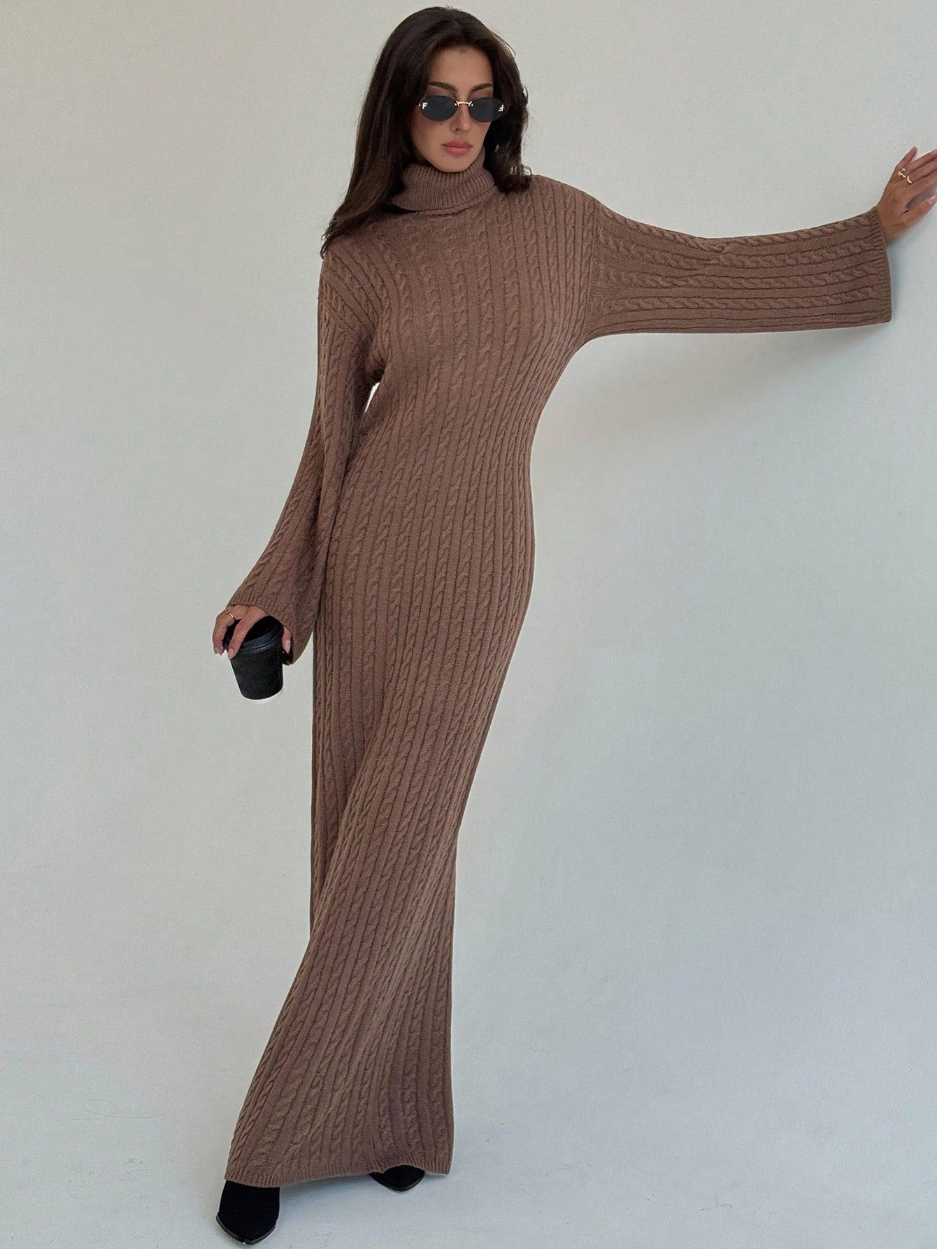 Cable Knit Long Fitted High Neck Loose Casual Sweater Dress