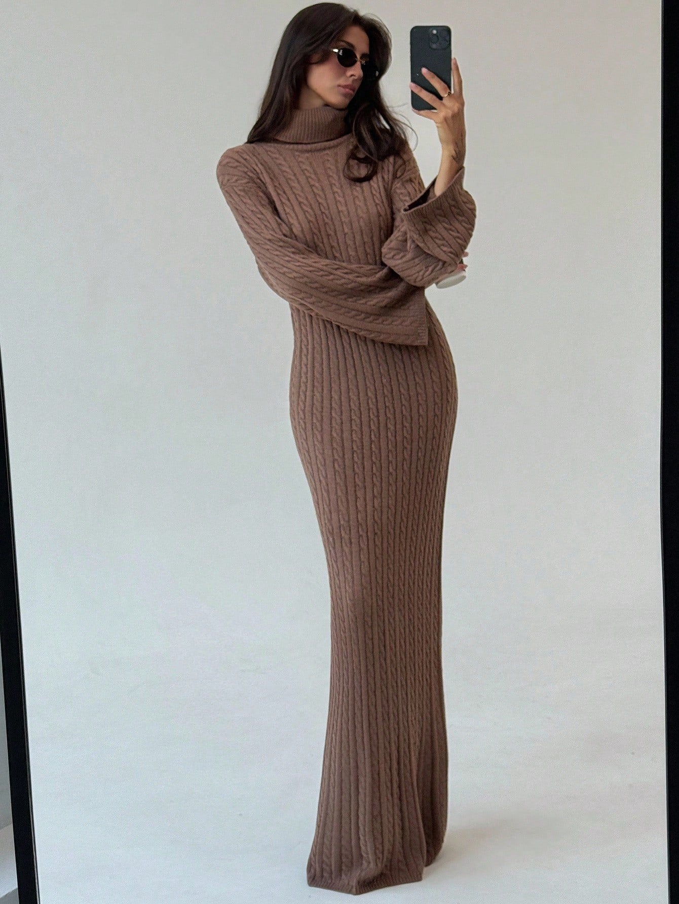 Cable Knit Long Fitted High Neck Loose Casual Sweater Dress