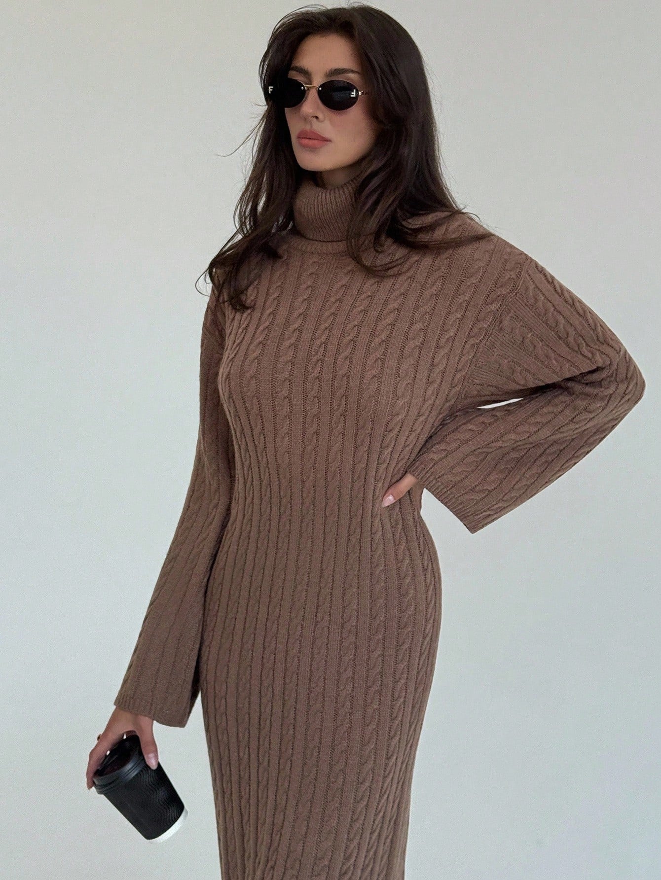 Cable Knit Long Fitted High Neck Loose Casual Sweater Dress