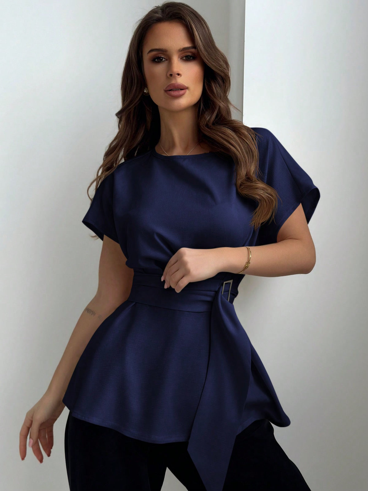 Shein Aloruh Round Collar & Waist Belted & X Shaped & Simple & Commuting Women's Shirt