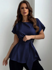 Shein Aloruh Round Collar & Waist Belted & X Shaped & Simple & Commuting Women's Shirt
