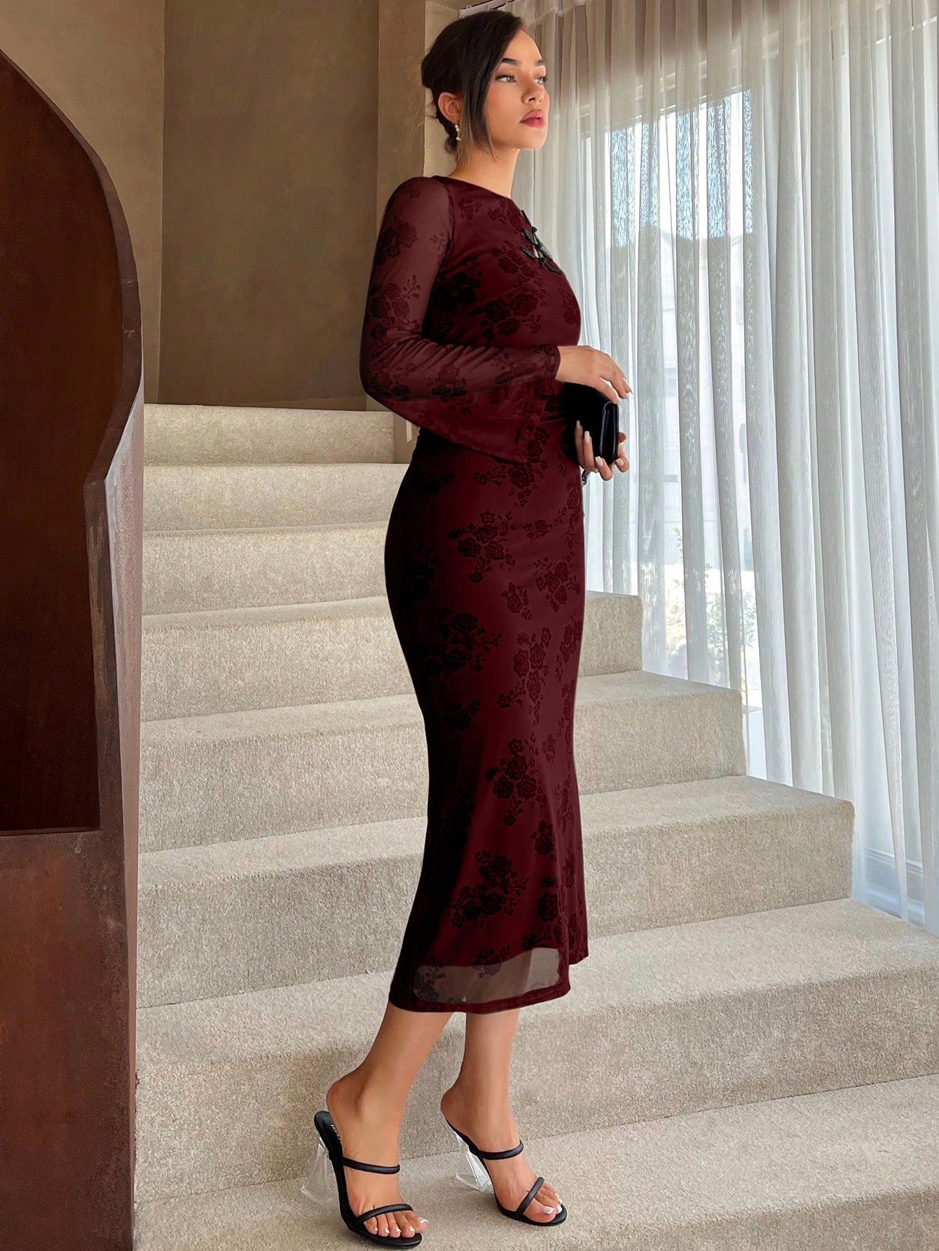 Shein Aloruh Women's Cheongsam Style Button Front Long Sleeve Dress