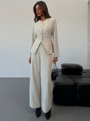 Shein Aloruh Women's Office/Commuting Apricot Body-Fitted Long Sleeve Top + Full Length Straight Leg Pants Set