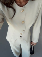 Shein Aloruh Women's Office/Commuting Apricot Body-Fitted Long Sleeve Top + Full Length Straight Leg Pants Set