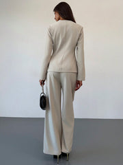 Shein Aloruh Women's Office/Commuting Apricot Body-Fitted Long Sleeve Top + Full Length Straight Leg Pants Set