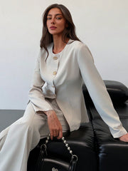 Shein Aloruh Women's Office/Commuting Apricot Body-Fitted Long Sleeve Top + Full Length Straight Leg Pants Set