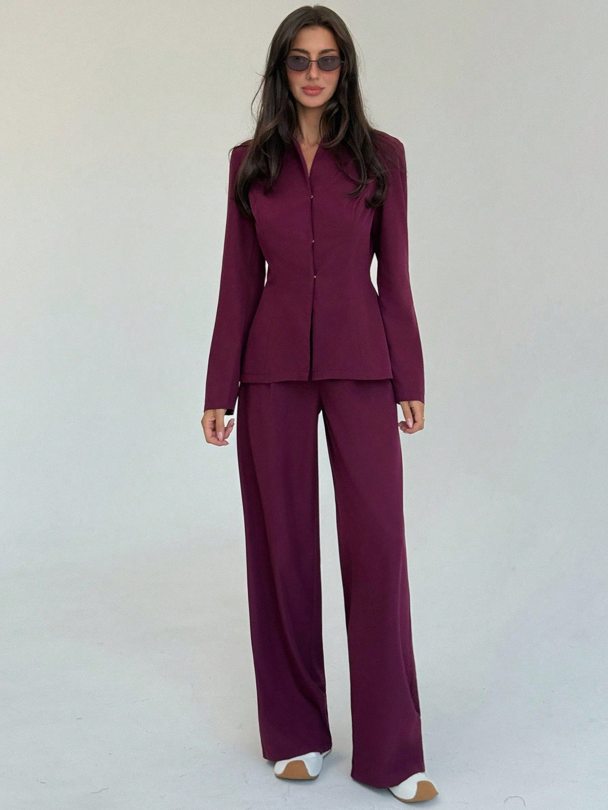 Women's Solid Color Long Sleeve Single-Breasted Jacket And Pants Casual Suit Set