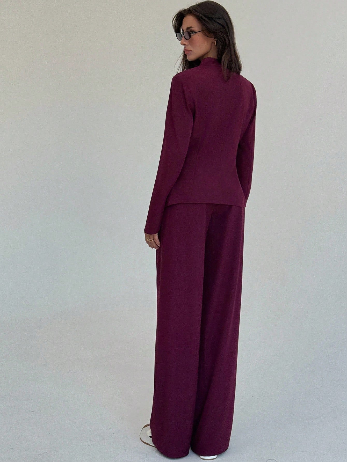 Women's Solid Color Long Sleeve Single-Breasted Jacket And Pants Casual Suit Set