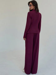 Women's Solid Color Long Sleeve Single-Breasted Jacket And Pants Casual Suit Set