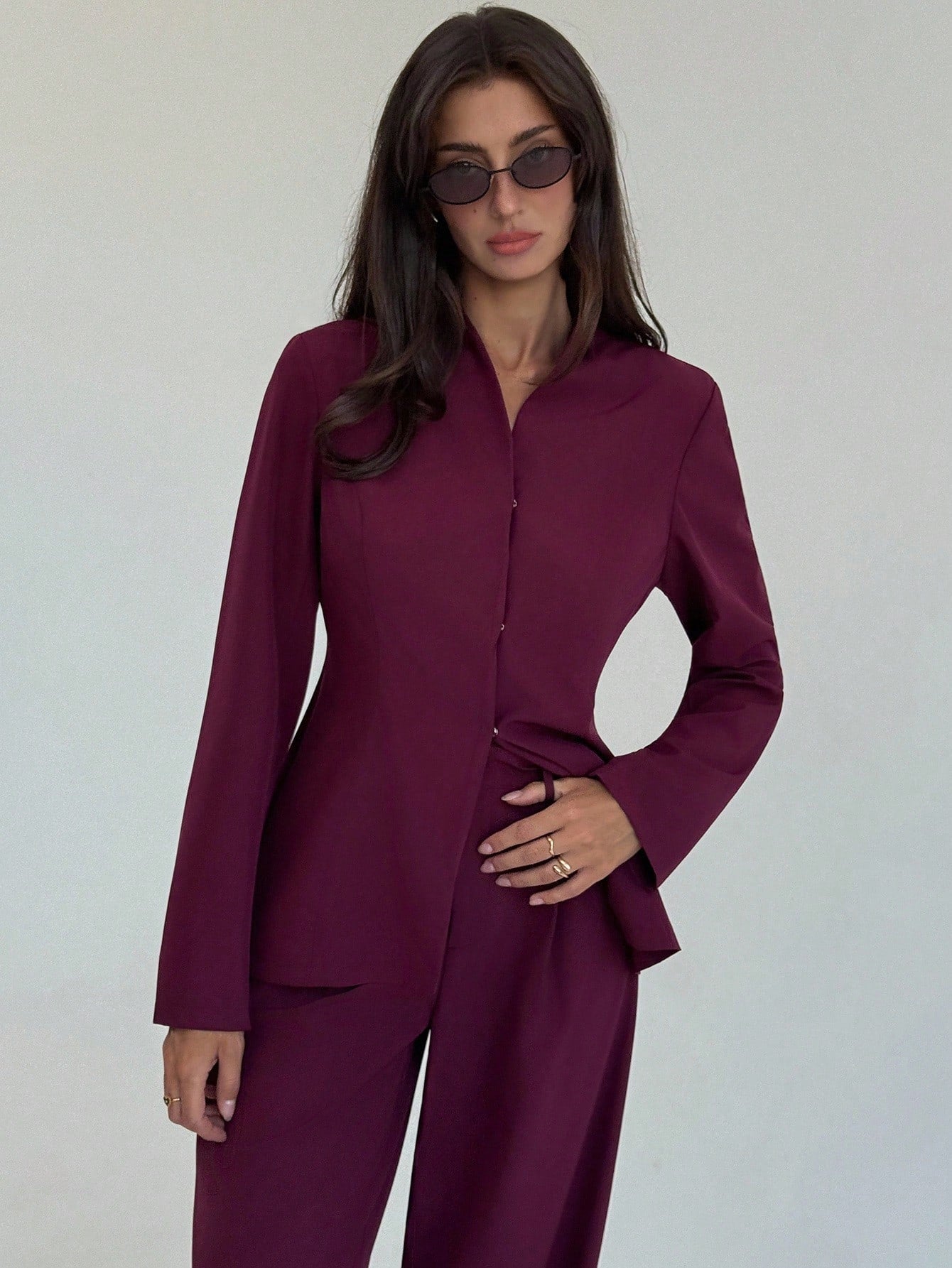 Women's Solid Color Long Sleeve Single-Breasted Jacket And Pants Casual Suit Set
