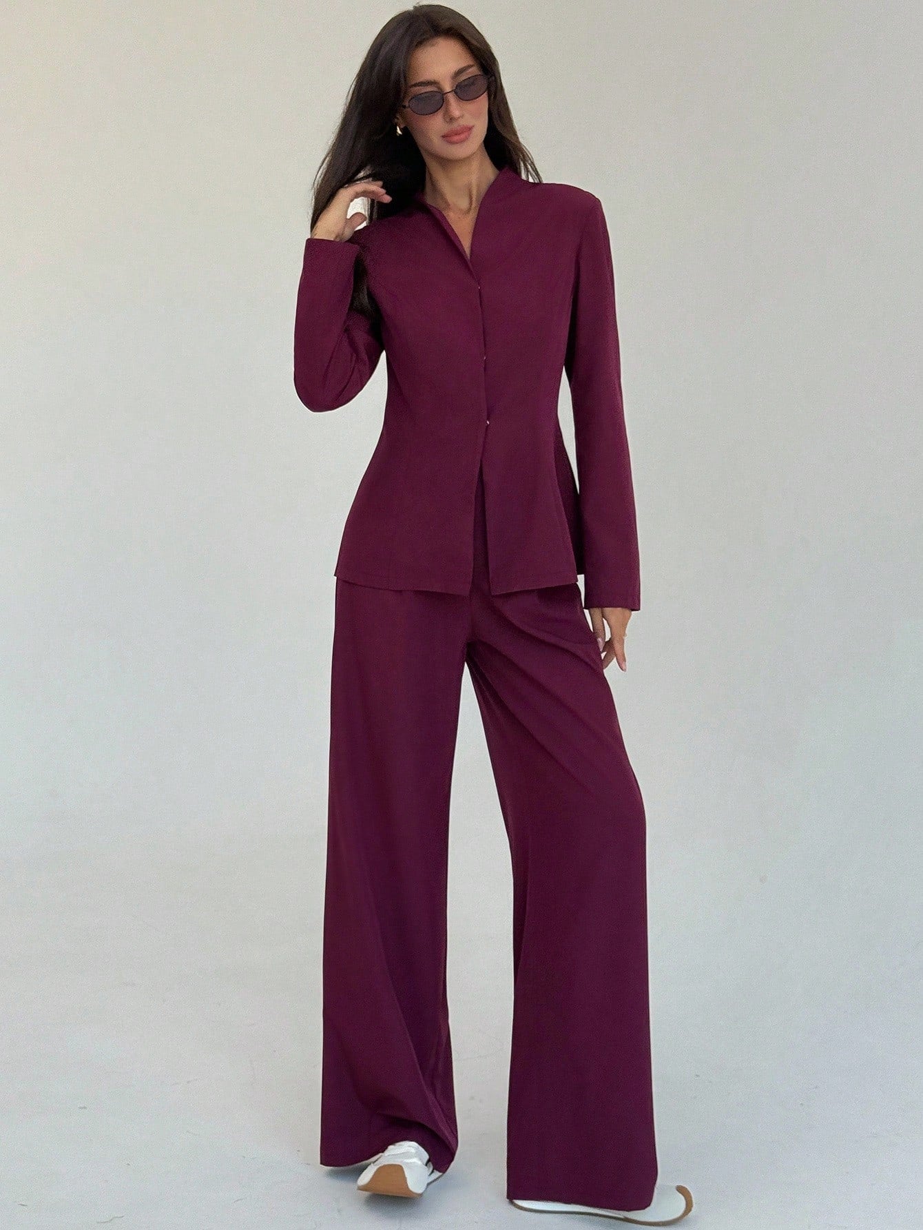 Women's Solid Color Long Sleeve Single-Breasted Jacket And Pants Casual Suit Set