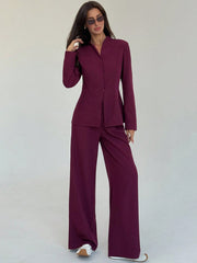 Women's Solid Color Long Sleeve Single-Breasted Jacket And Pants Casual Suit Set