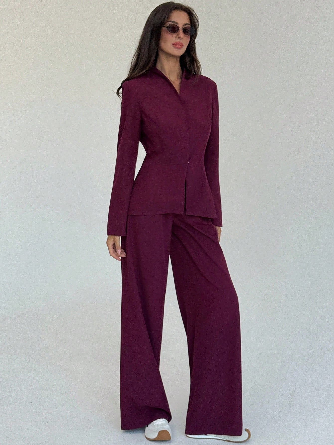 Women's Solid Color Long Sleeve Single-Breasted Jacket And Pants Casual Suit Set