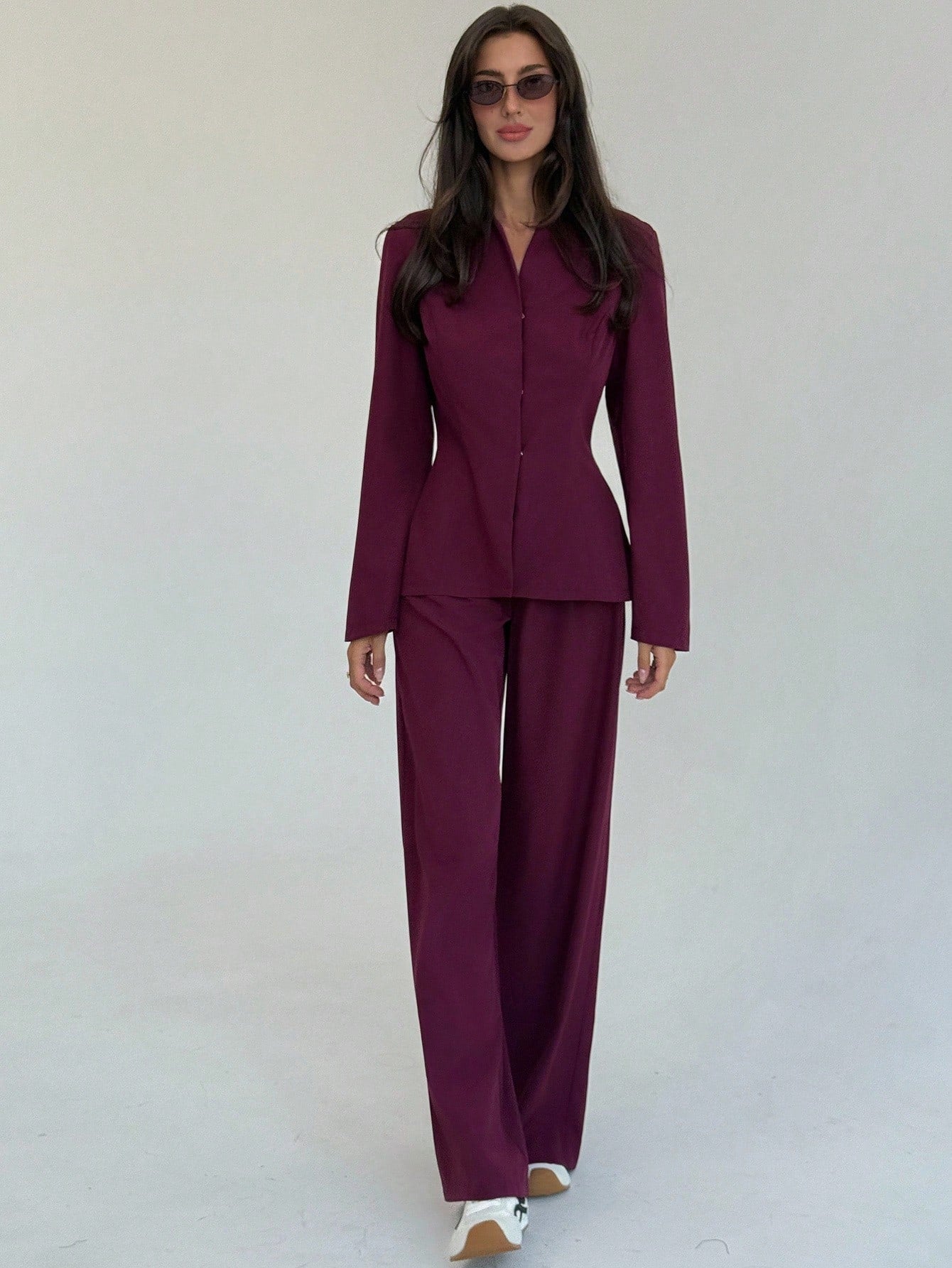 Women's Solid Color Long Sleeve Single-Breasted Jacket And Pants Casual Suit Set