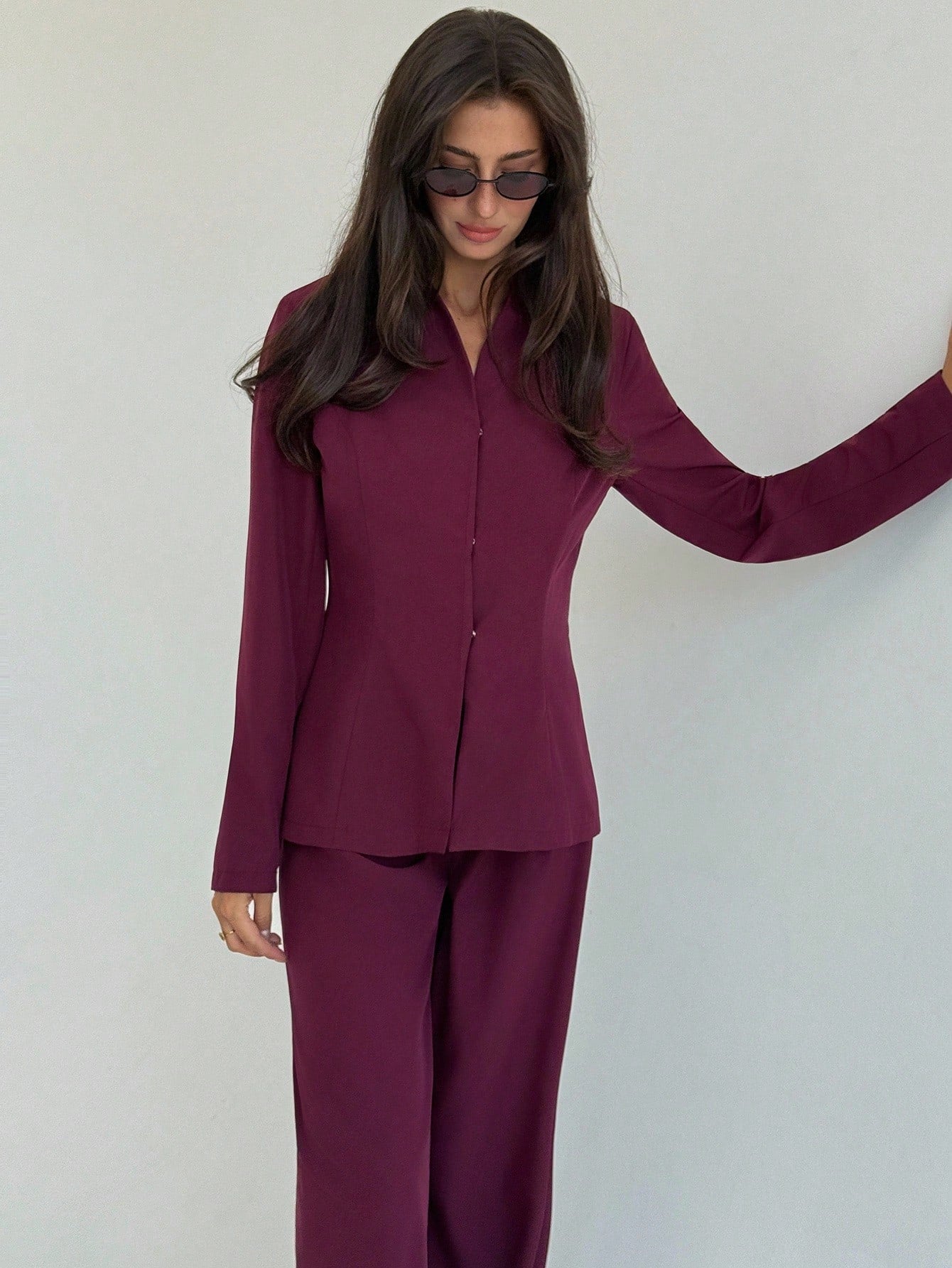 Women's Solid Color Long Sleeve Single-Breasted Jacket And Pants Casual Suit Set