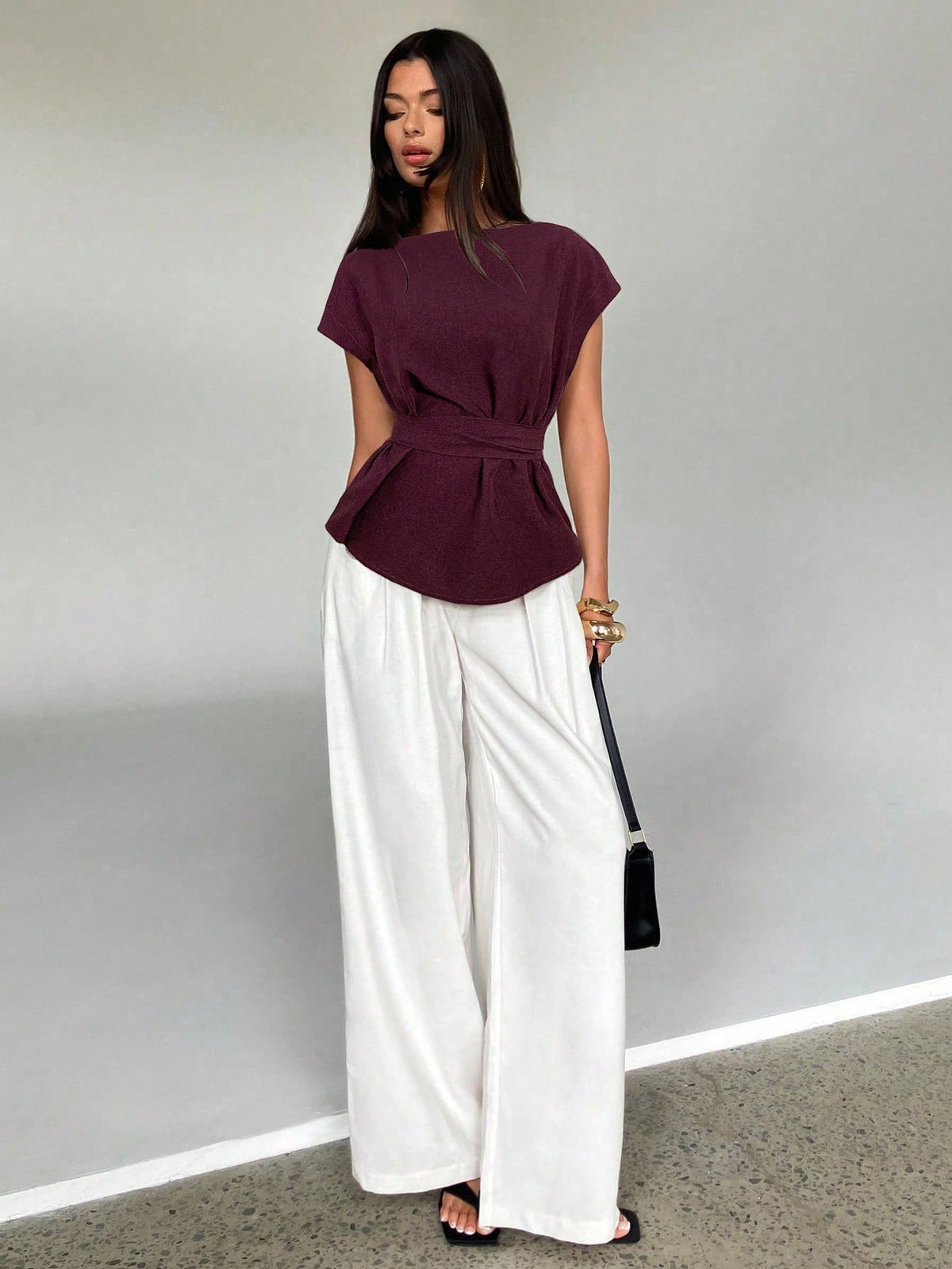 Shein Aloruh Women's Summer Casual Plain Color Batwing Sleeve Back Knotted Pleated Fitted Blouse