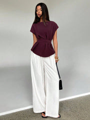 Shein Aloruh Women's Summer Casual Plain Color Batwing Sleeve Back Knotted Pleated Fitted Blouse