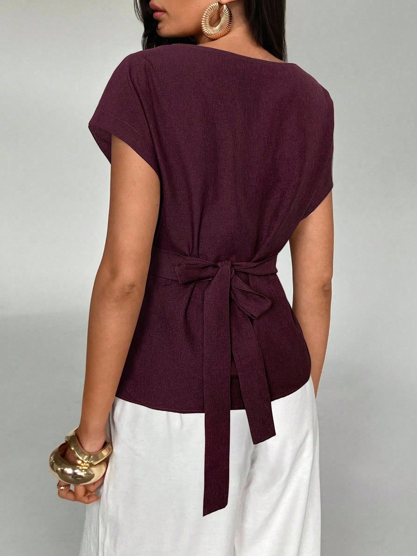 Shein Aloruh Women's Summer Casual Plain Color Batwing Sleeve Back Knotted Pleated Fitted Blouse