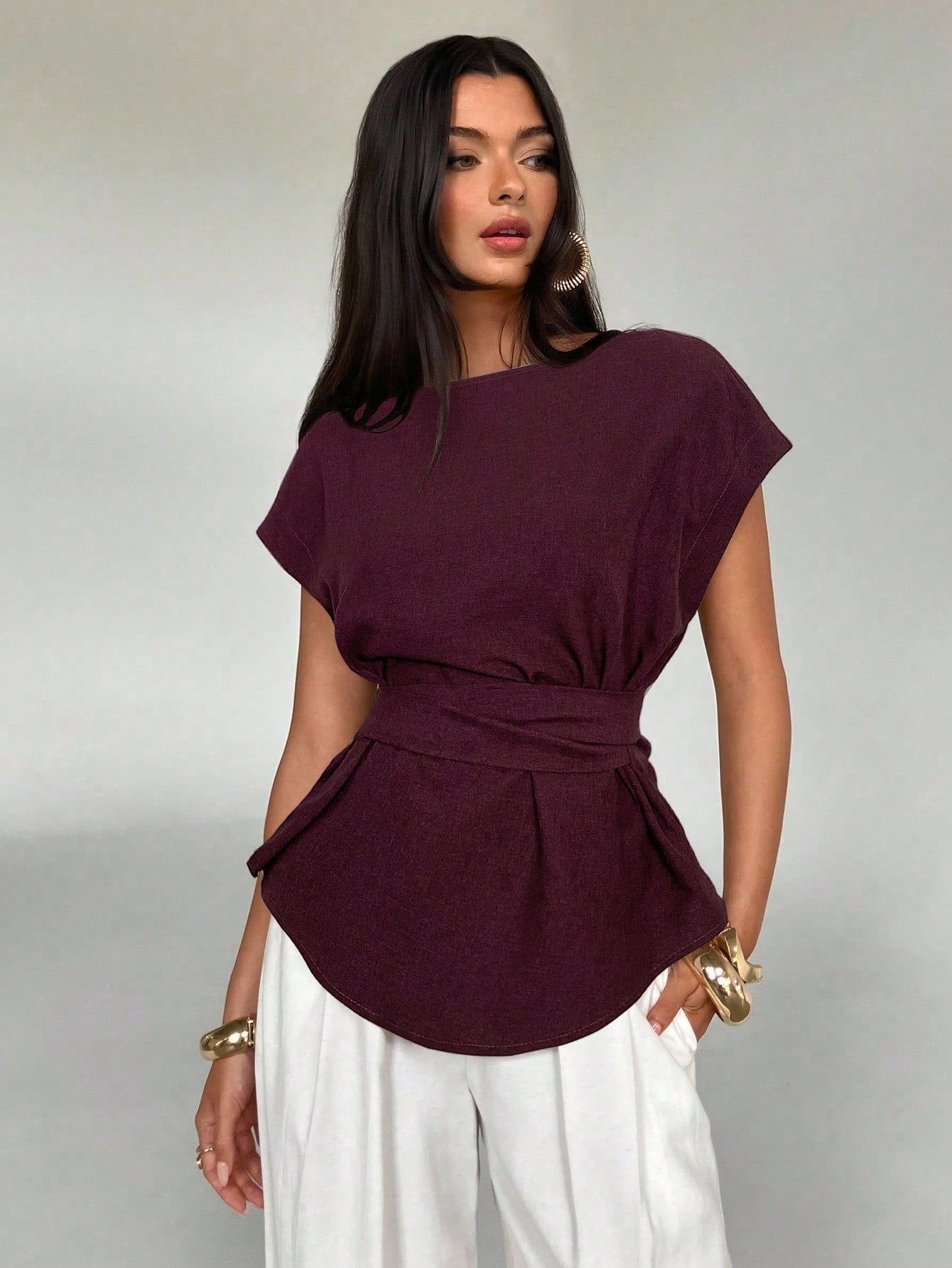 Shein Aloruh Women's Summer Casual Plain Color Batwing Sleeve Back Knotted Pleated Fitted Blouse