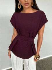 Shein Aloruh Women's Summer Casual Plain Color Batwing Sleeve Back Knotted Pleated Fitted Blouse