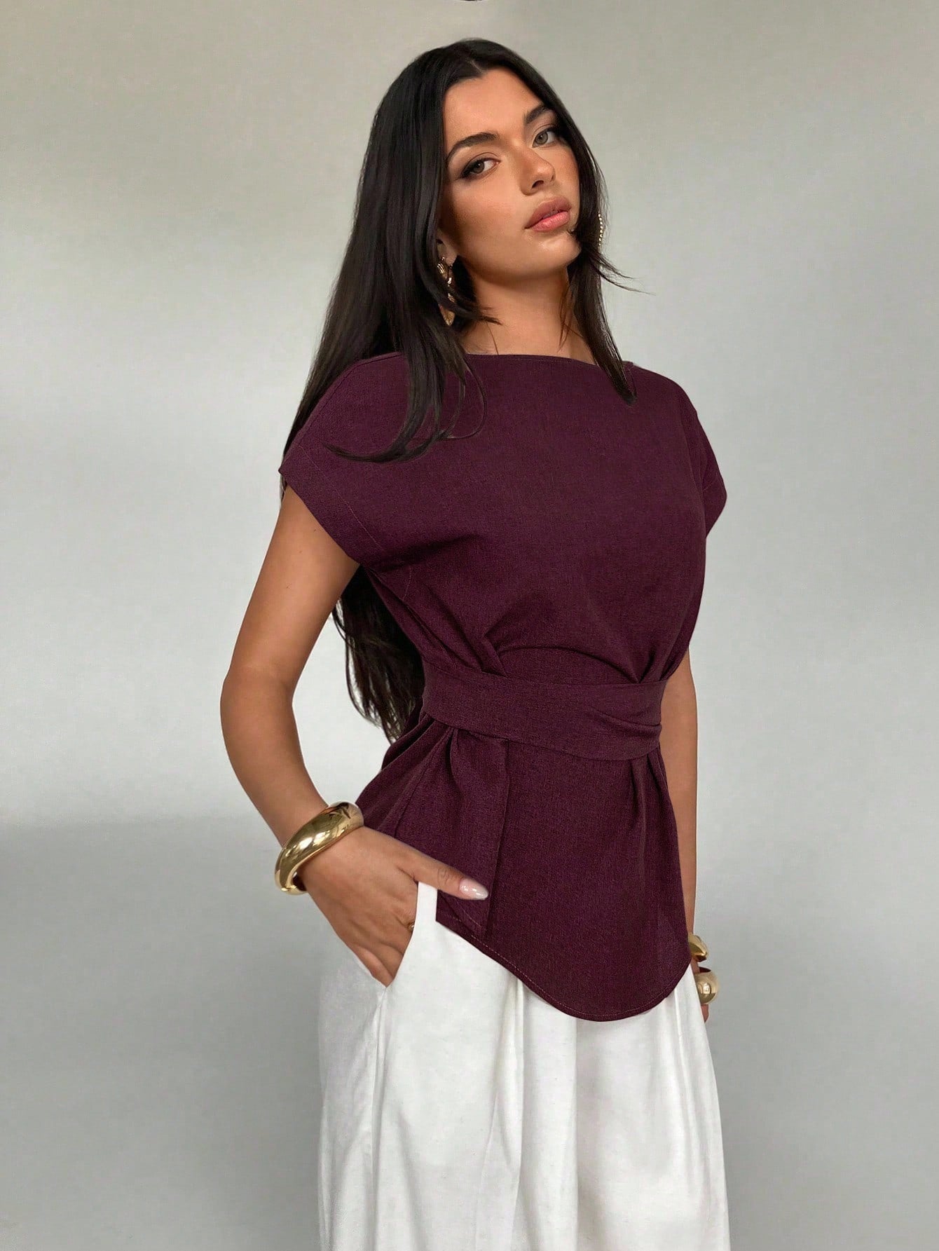 Shein Aloruh Women's Summer Casual Plain Color Batwing Sleeve Back Knotted Pleated Fitted Blouse
