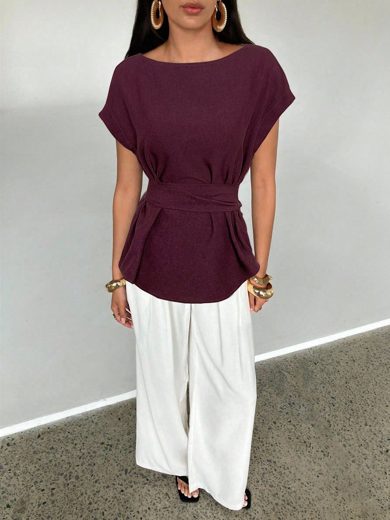 Shein Aloruh Women's Summer Casual Plain Color Batwing Sleeve Back Knotted Pleated Fitted Blouse