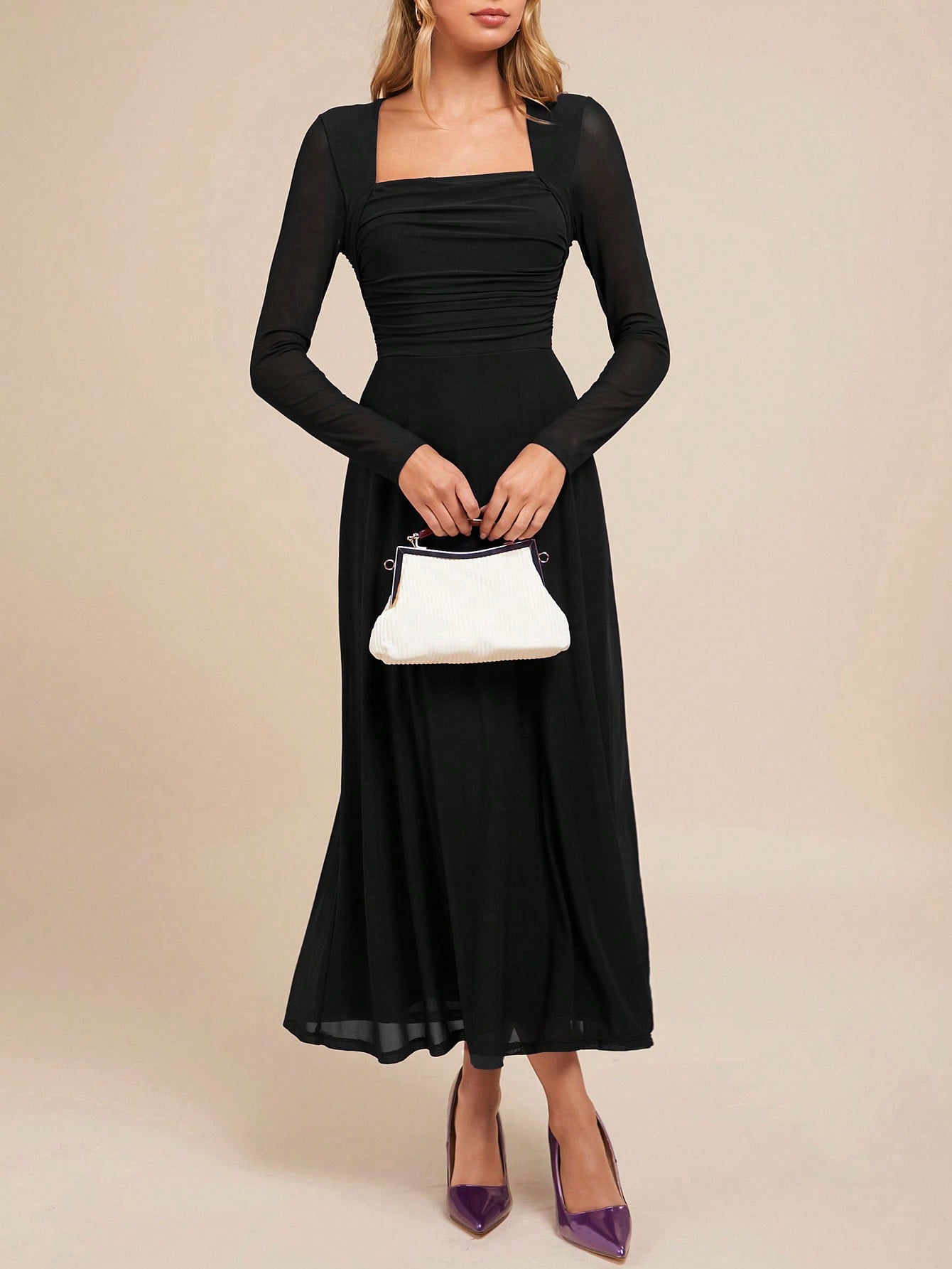 SHEIN Amorya Women's Elegant Party V-Neck Long Sleeve Black A-Line Dress