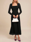 SHEIN Amorya Women's Elegant Party V-Neck Long Sleeve Black A-Line Dress