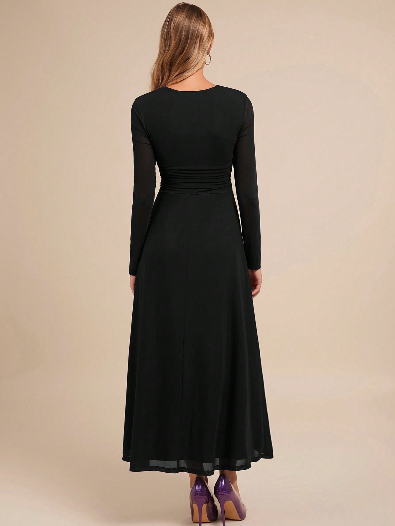 SHEIN Amorya Women's Elegant Party V-Neck Long Sleeve Black A-Line Dress