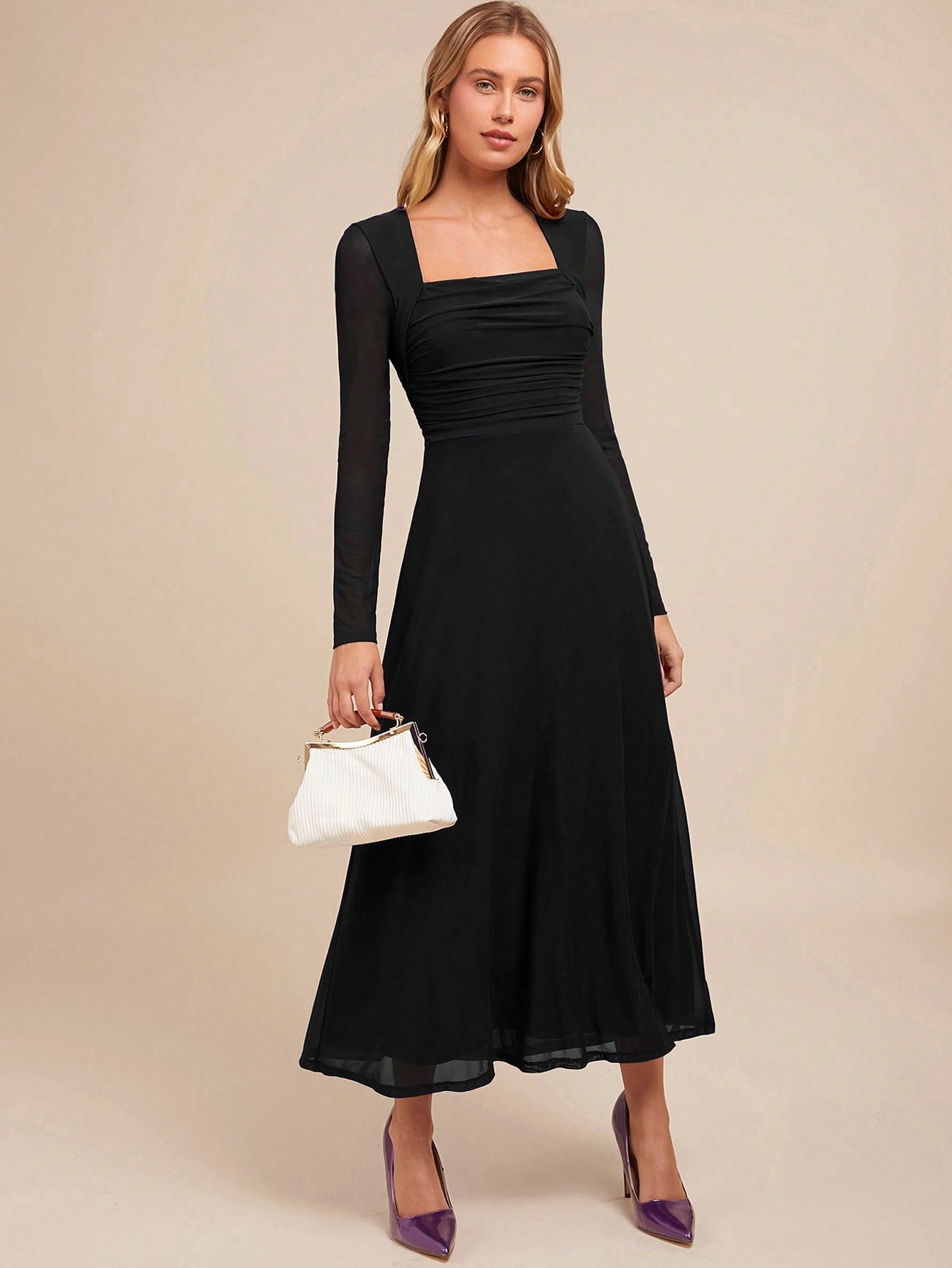 SHEIN Amorya Women's Elegant Party V-Neck Long Sleeve Black A-Line Dress