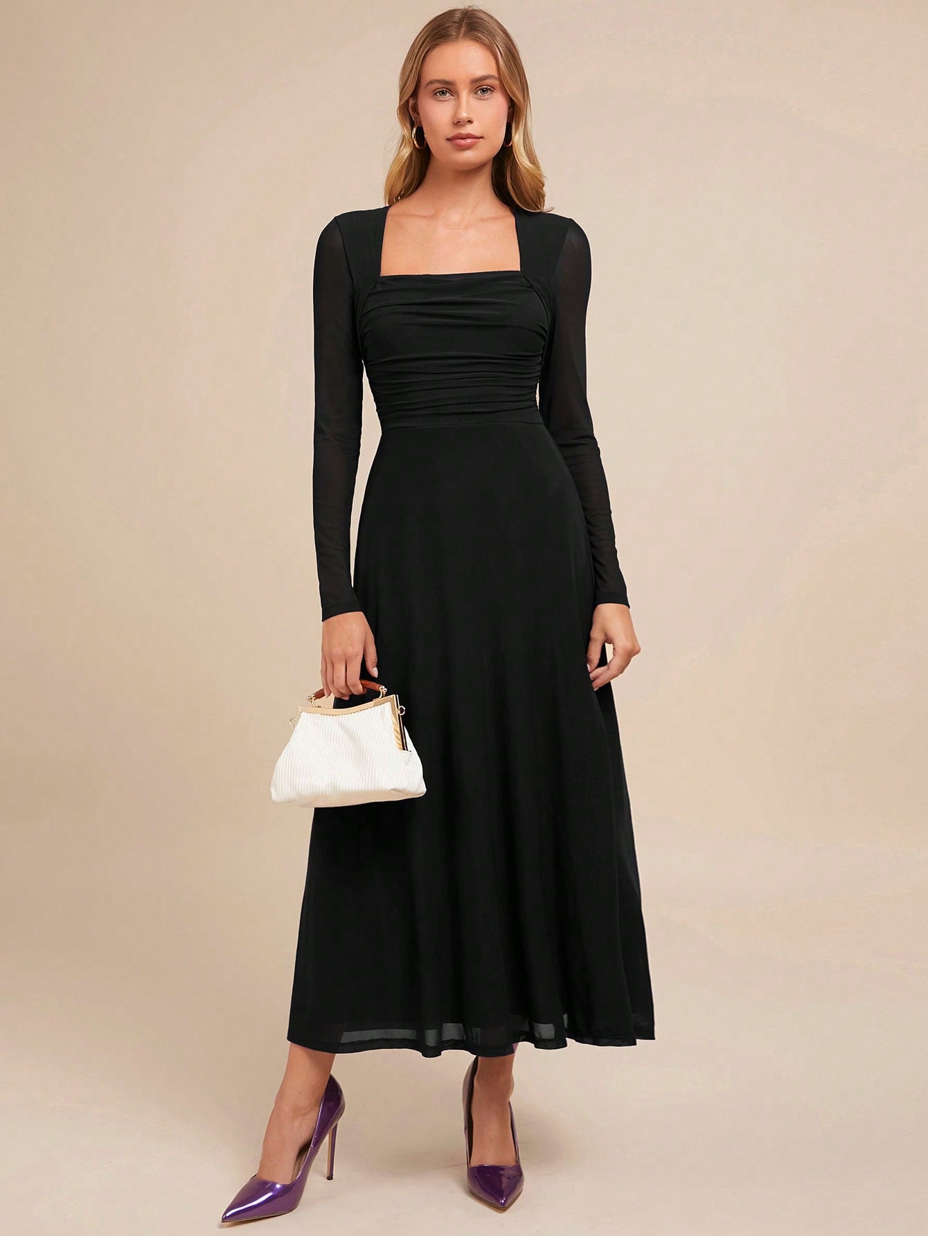 SHEIN Amorya Women's Elegant Party V-Neck Long Sleeve Black A-Line Dress