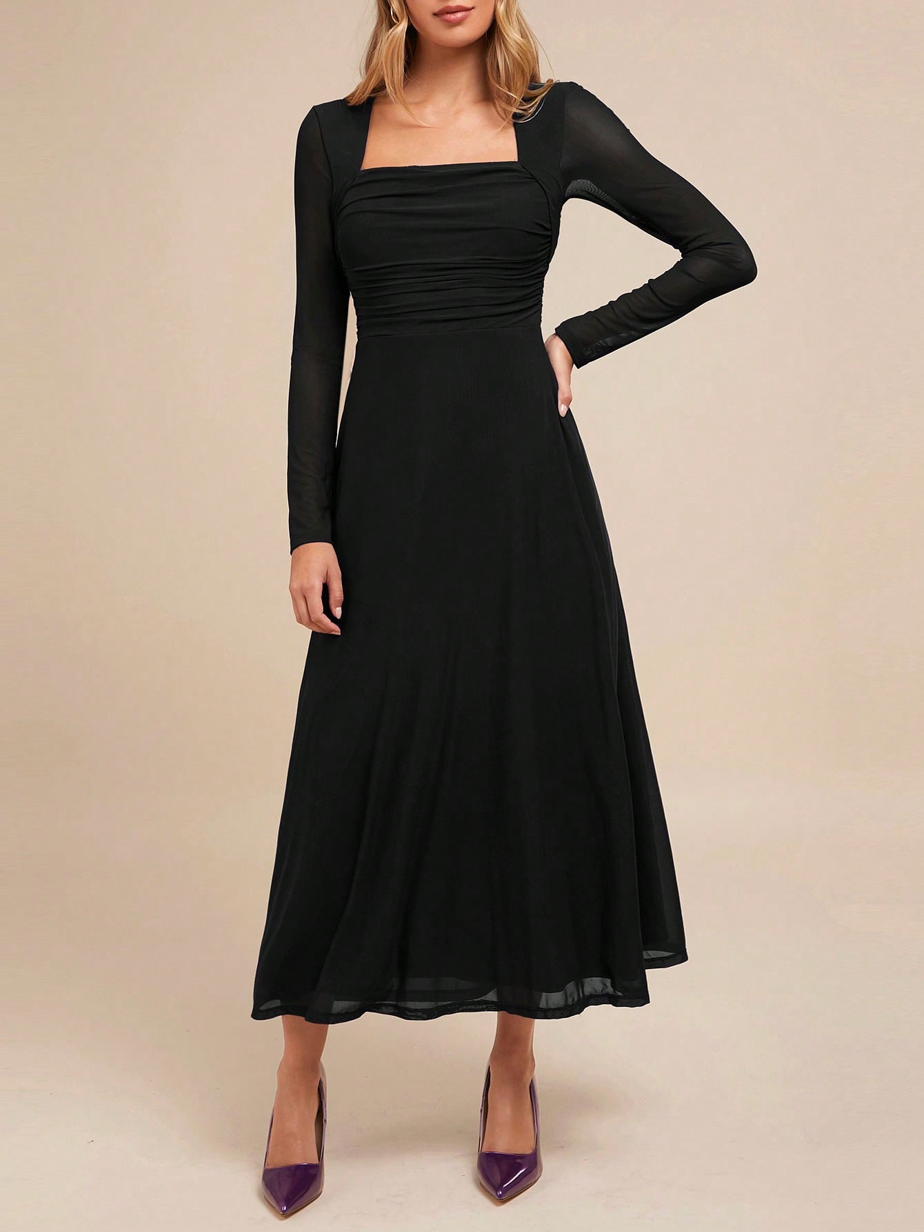 SHEIN Amorya Women's Elegant Party V-Neck Long Sleeve Black A-Line Dress