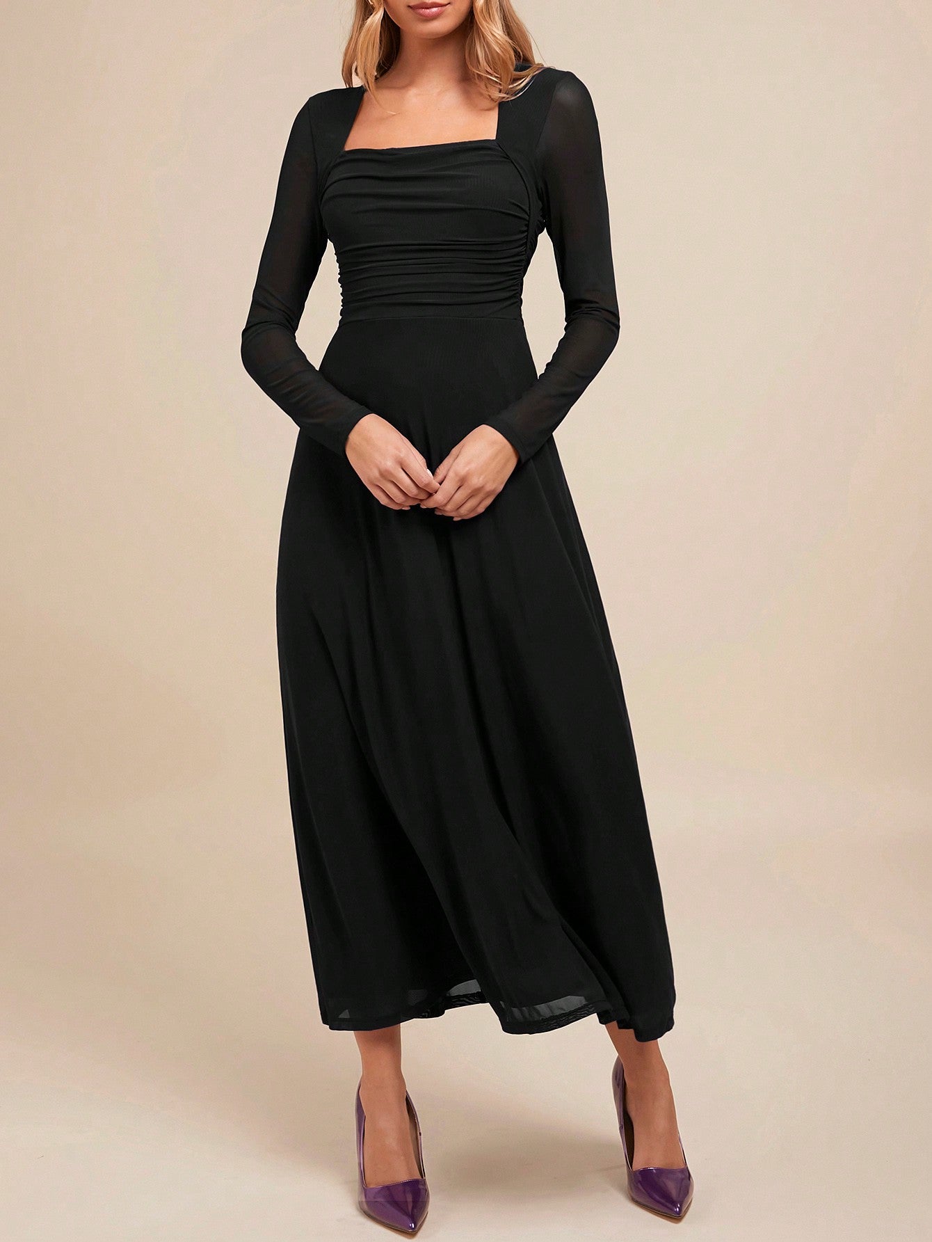 SHEIN Amorya Women's Elegant Party V-Neck Long Sleeve Black A-Line Dress