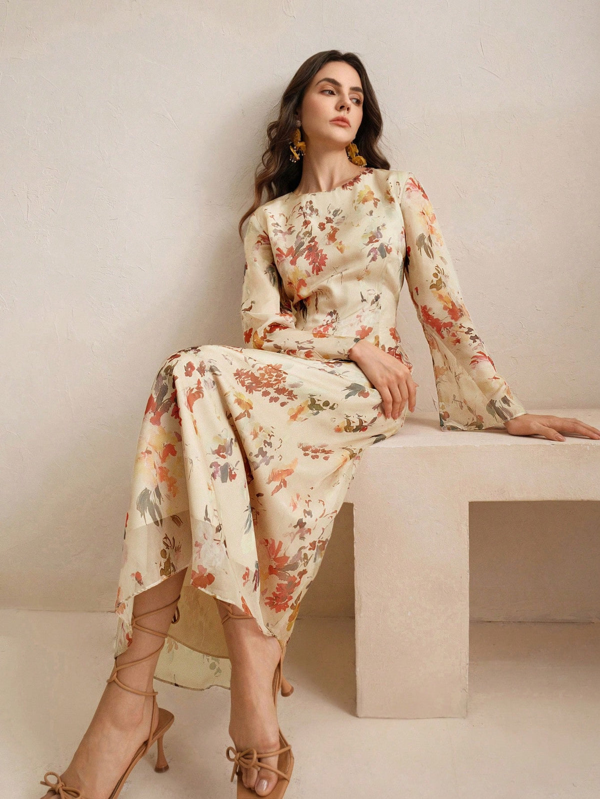Floral Print Long Sleeve Vacation Style Elegant Dress