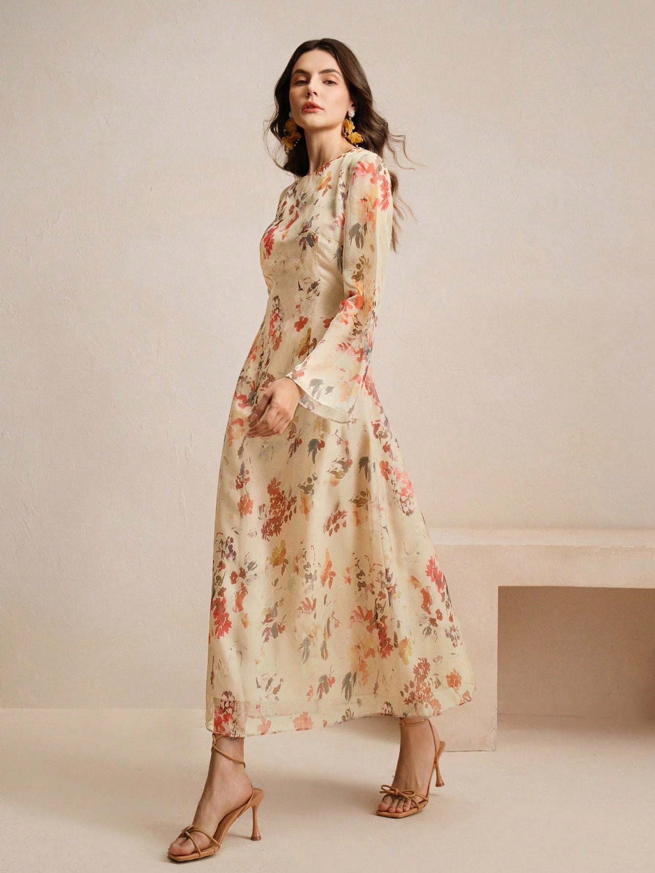 Floral Print Long Sleeve Vacation Style Elegant Dress