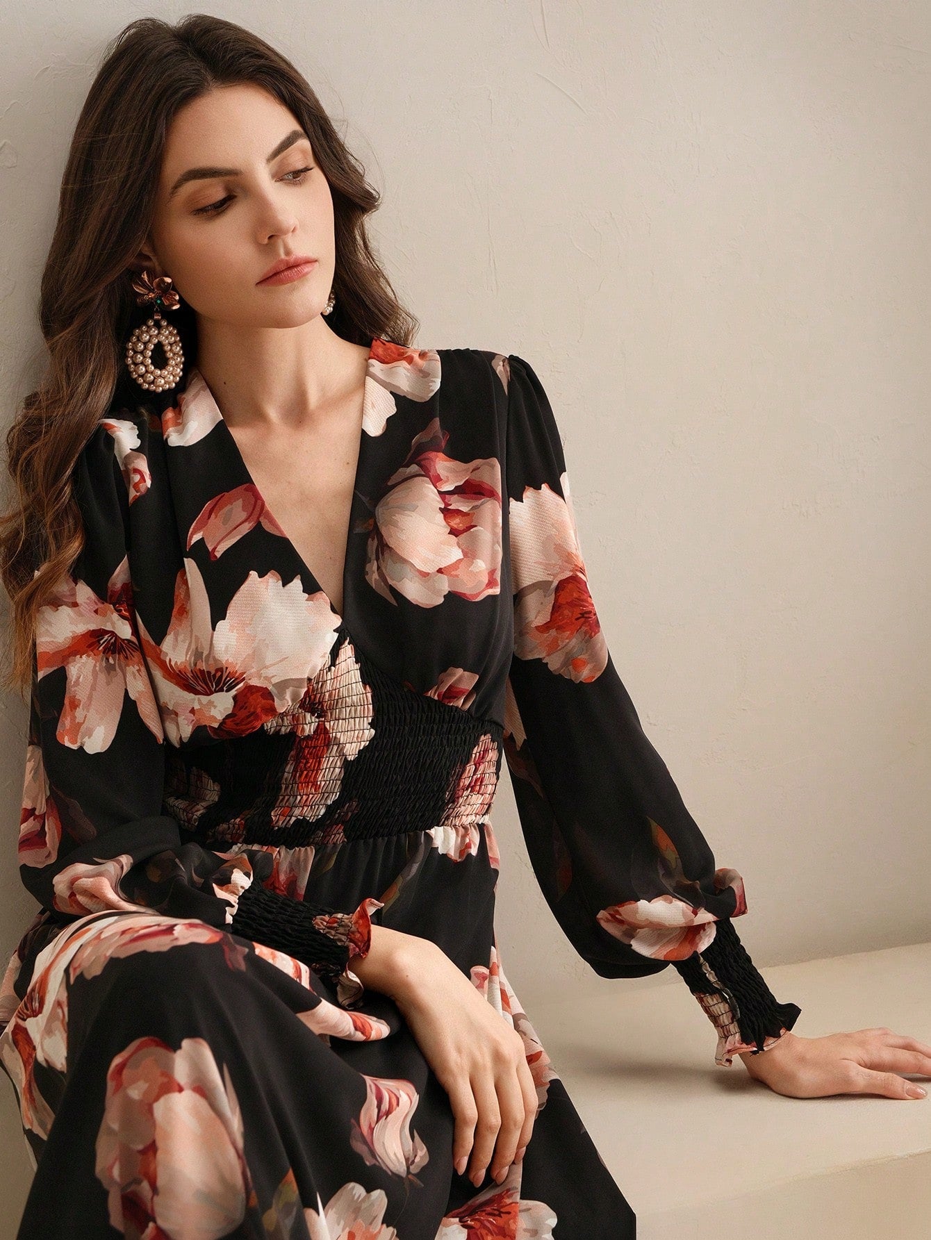 Shein Anewsta Women's Spring V-Neck Floral Print Waist-Cinched Long Sleeve Dress