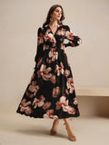 Shein Anewsta Women's Spring V-Neck Floral Print Waist-Cinched Long Sleeve Dress