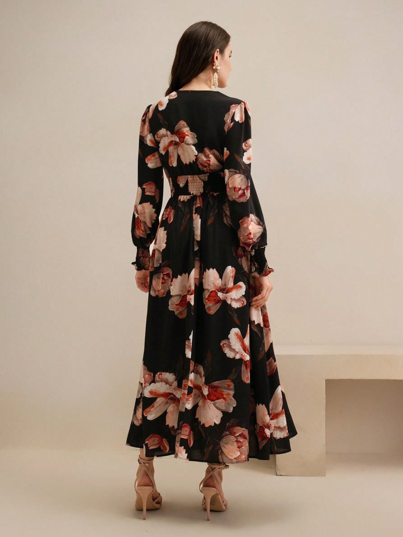 Shein Anewsta Women's Spring V-Neck Floral Print Waist-Cinched Long Sleeve Dress