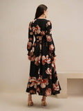 Shein Anewsta Women's Spring V-Neck Floral Print Waist-Cinched Long Sleeve Dress