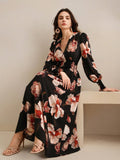 Shein Anewsta Women's Spring V-Neck Floral Print Waist-Cinched Long Sleeve Dress