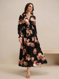 Shein Anewsta Women's Spring V-Neck Floral Print Waist-Cinched Long Sleeve Dress