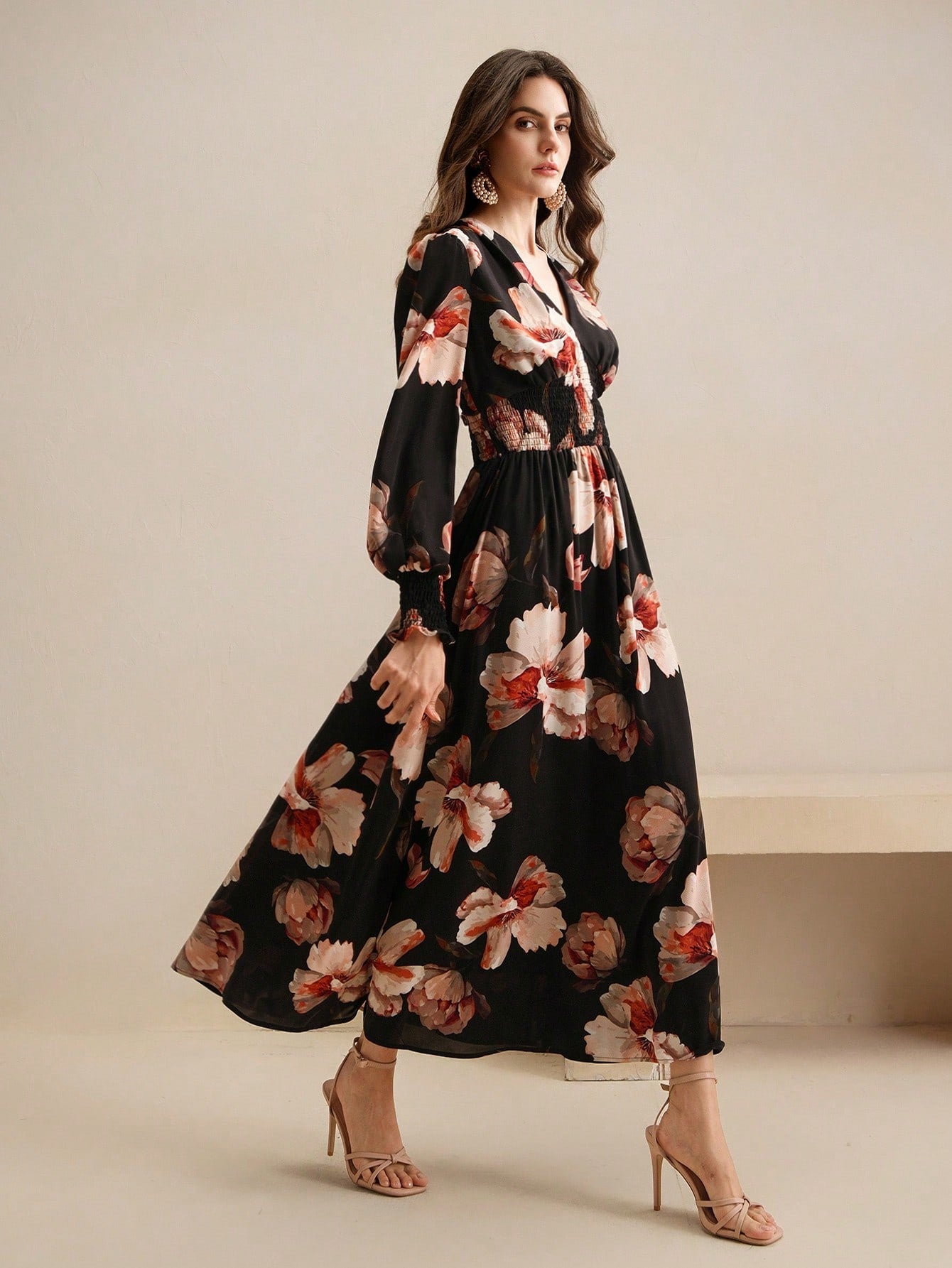 Shein Anewsta Women's Spring V-Neck Floral Print Waist-Cinched Long Sleeve Dress