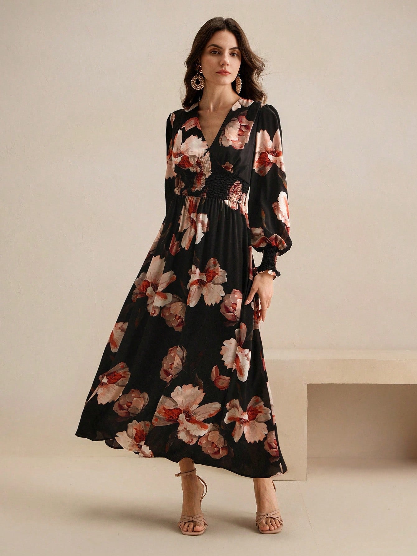 Shein Anewsta Women's Spring V-Neck Floral Print Waist-Cinched Long Sleeve Dress