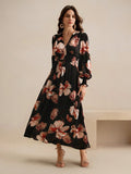 Shein Anewsta Women's Spring V-Neck Floral Print Waist-Cinched Long Sleeve Dress