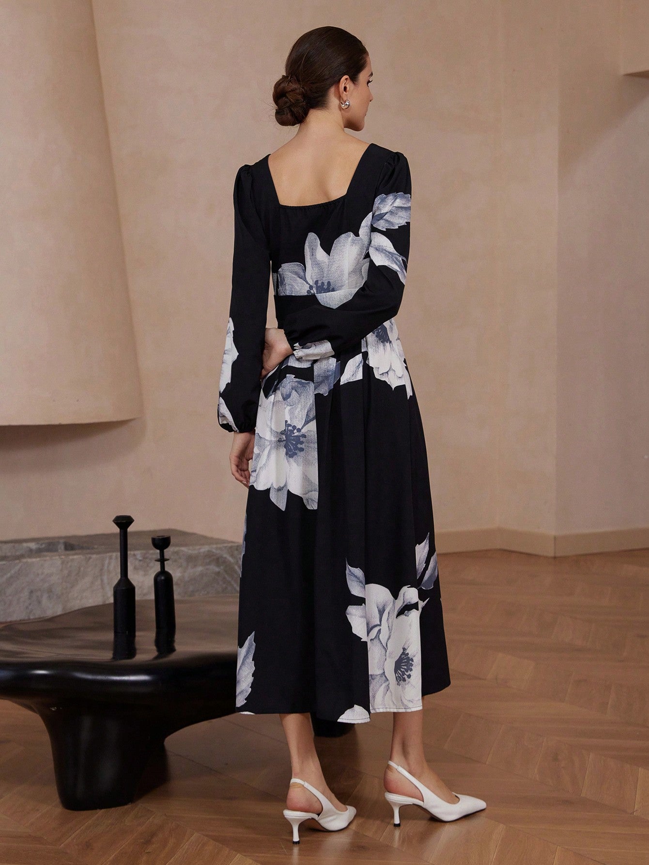 Shein Aveloria Fashion Big Floral Print Square Neck Puff Sleeve Midi Dress