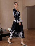 Shein Aveloria Fashion Big Floral Print Square Neck Puff Sleeve Midi Dress