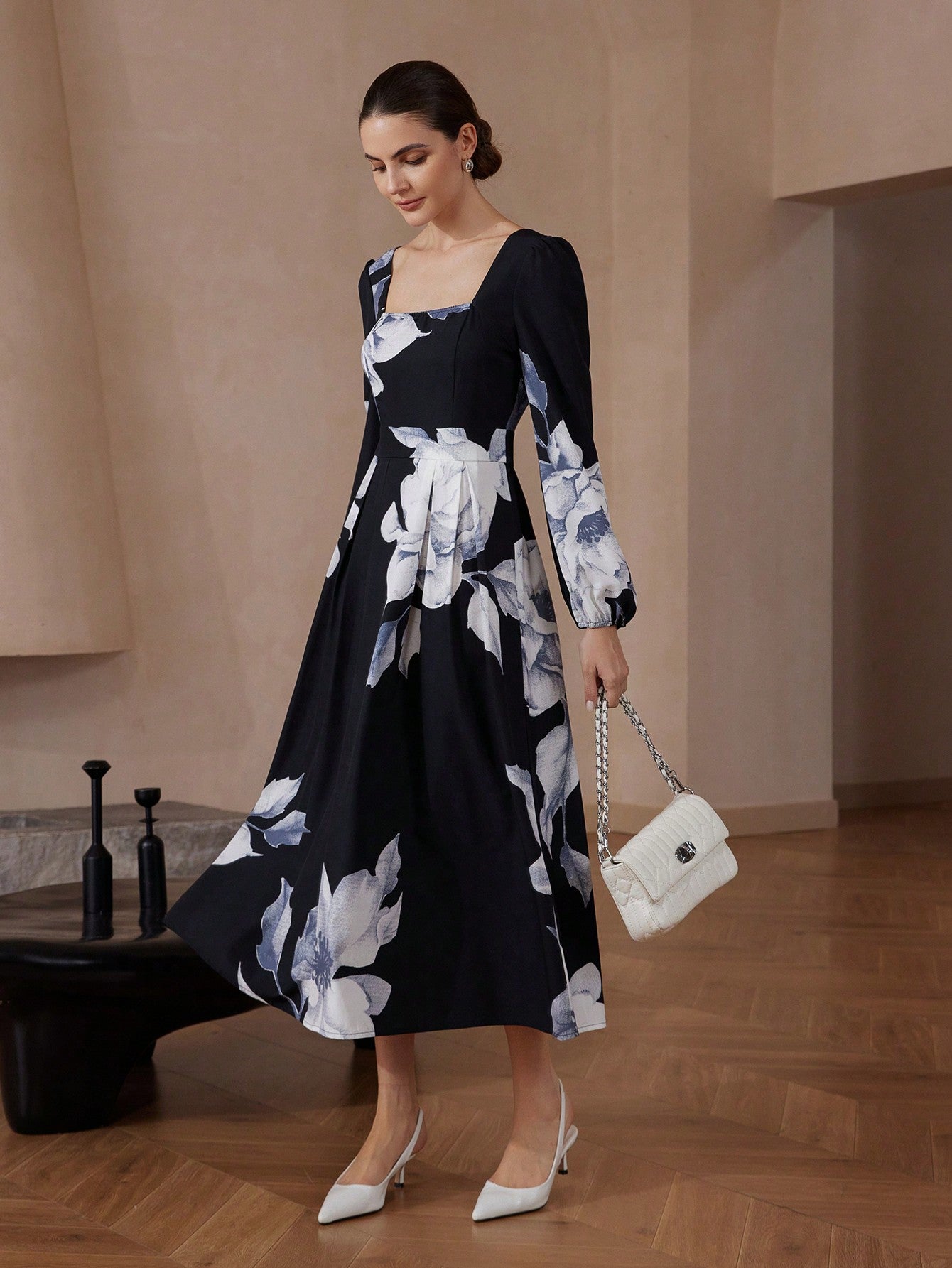 Shein Aveloria Fashion Big Floral Print Square Neck Puff Sleeve Midi Dress
