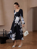 Shein Aveloria Fashion Big Floral Print Square Neck Puff Sleeve Midi Dress