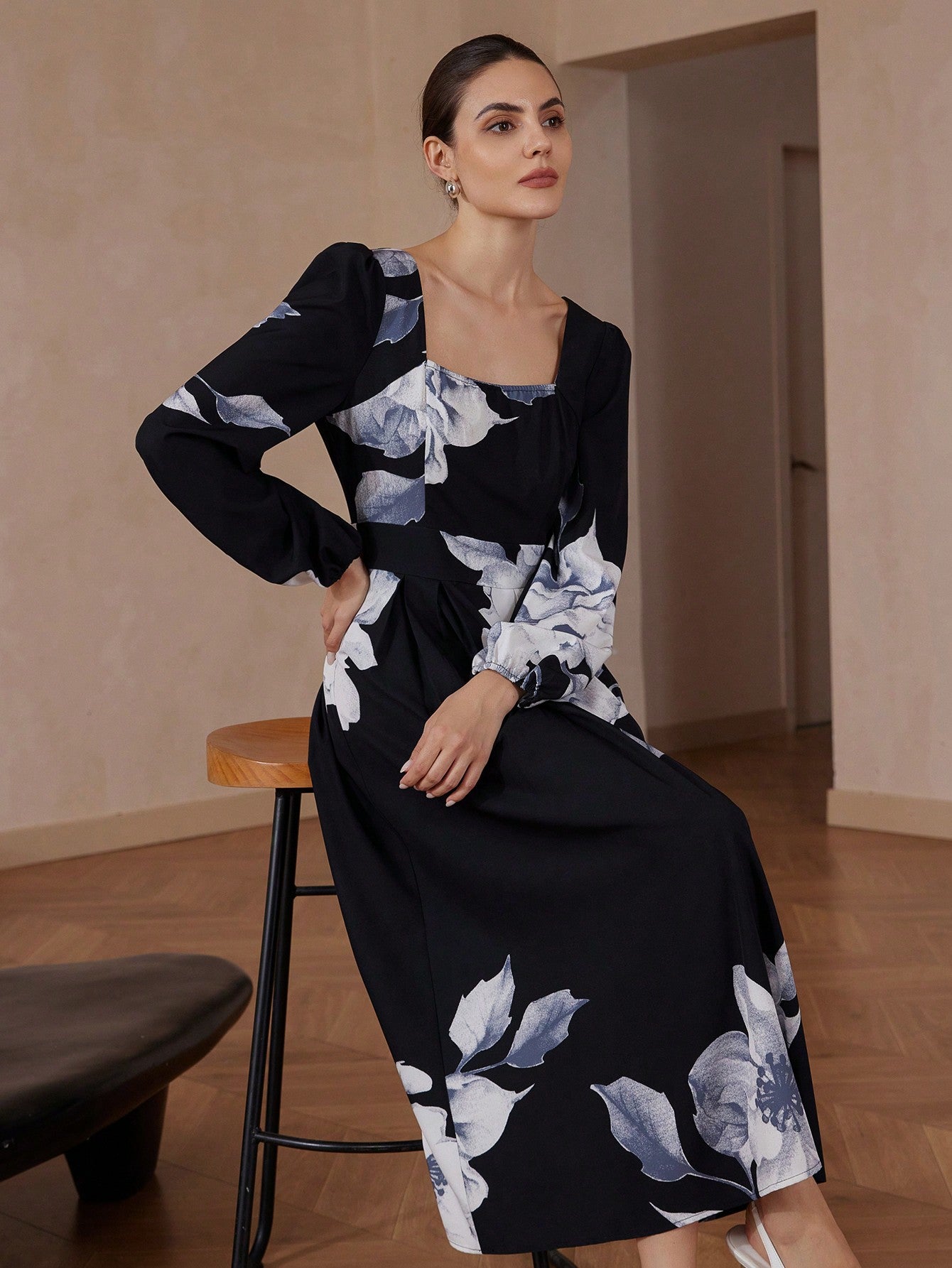 Shein Aveloria Fashion Big Floral Print Square Neck Puff Sleeve Midi Dress